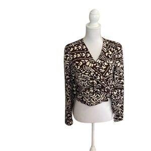 Joie Silky Faux Wrap Brown and Cream Print Long Sleeve Blouse NWT Size S